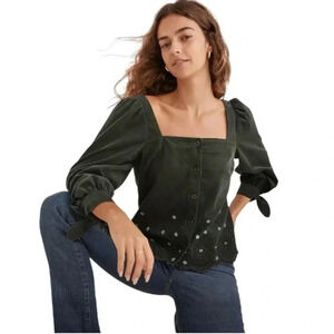 MADEWELL | Dark Palm Green Embroidered Eyelet Corduroy Tie-Sleeve Top Size M